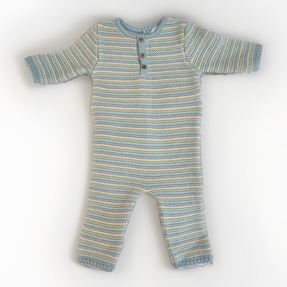 Jacadi Paris 6M Baby Boy Wool Jumpsuit Sweater Romper Blue Green Stripe